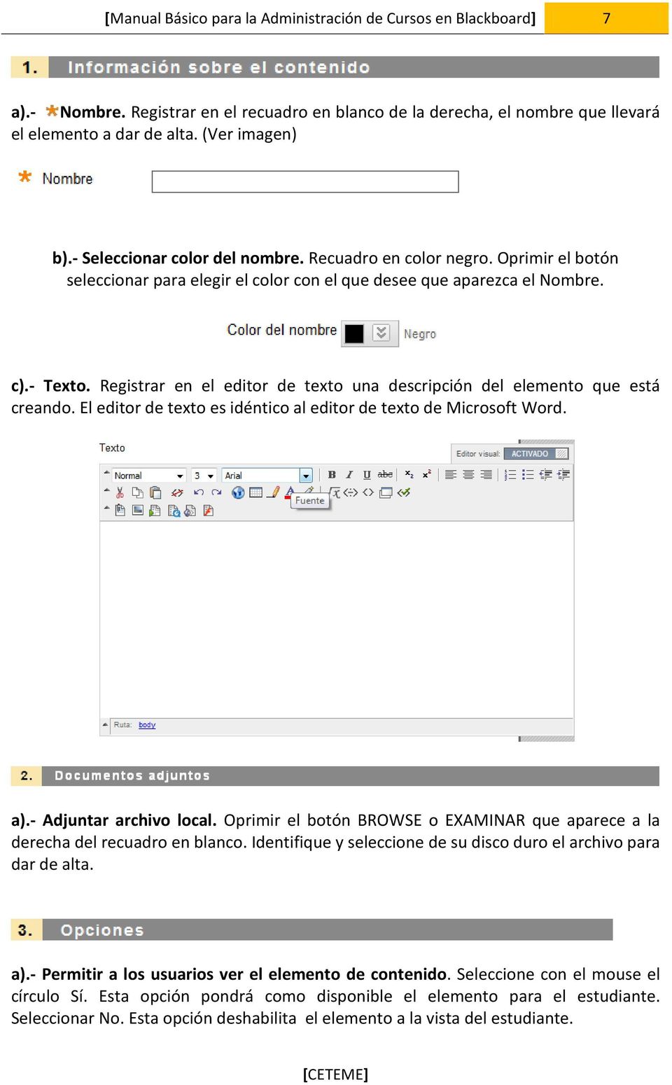 Registrar en el editor de texto una descripción del elemento que está creando. El editor de texto es idéntico al editor de texto de Microsoft Word. a).- Adjuntar archivo local.