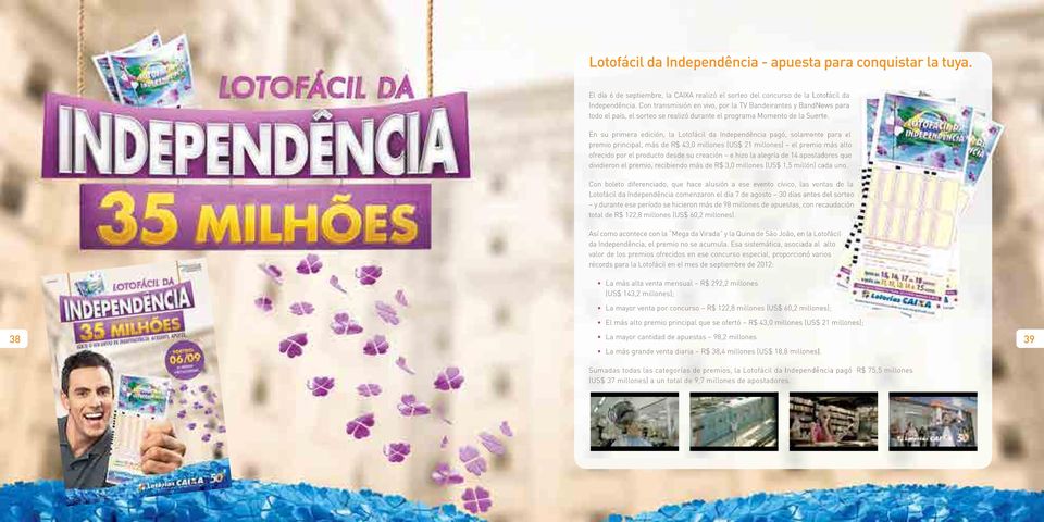 En su primera edición, la Lotofácil da Independência pagó, solamente para el premio principal, más de R$ 43,0 millones (US$ 21 millones) el premio más alto ofrecido por el producto desde su creación