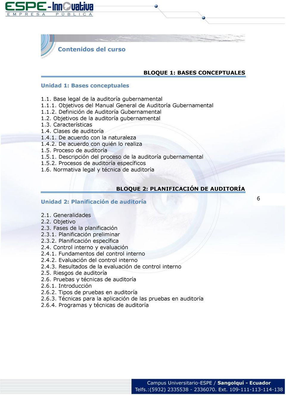 5. Proceso de auditoría 1.5.1. Descripción del proceso de la auditoría gubernamental 1.5.2. Procesos de auditoría específicos 1.6.