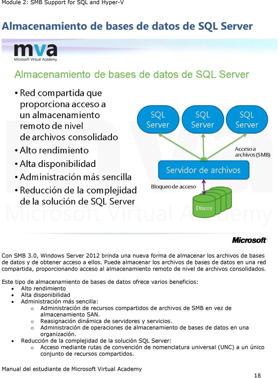 Este tipo de almacenamiento de bases de datos ofrece varios beneficios: Alto rendimiento Alta disponibilidad Administración más sencilla: o Administración de recursos compartidos de archivos de SMB