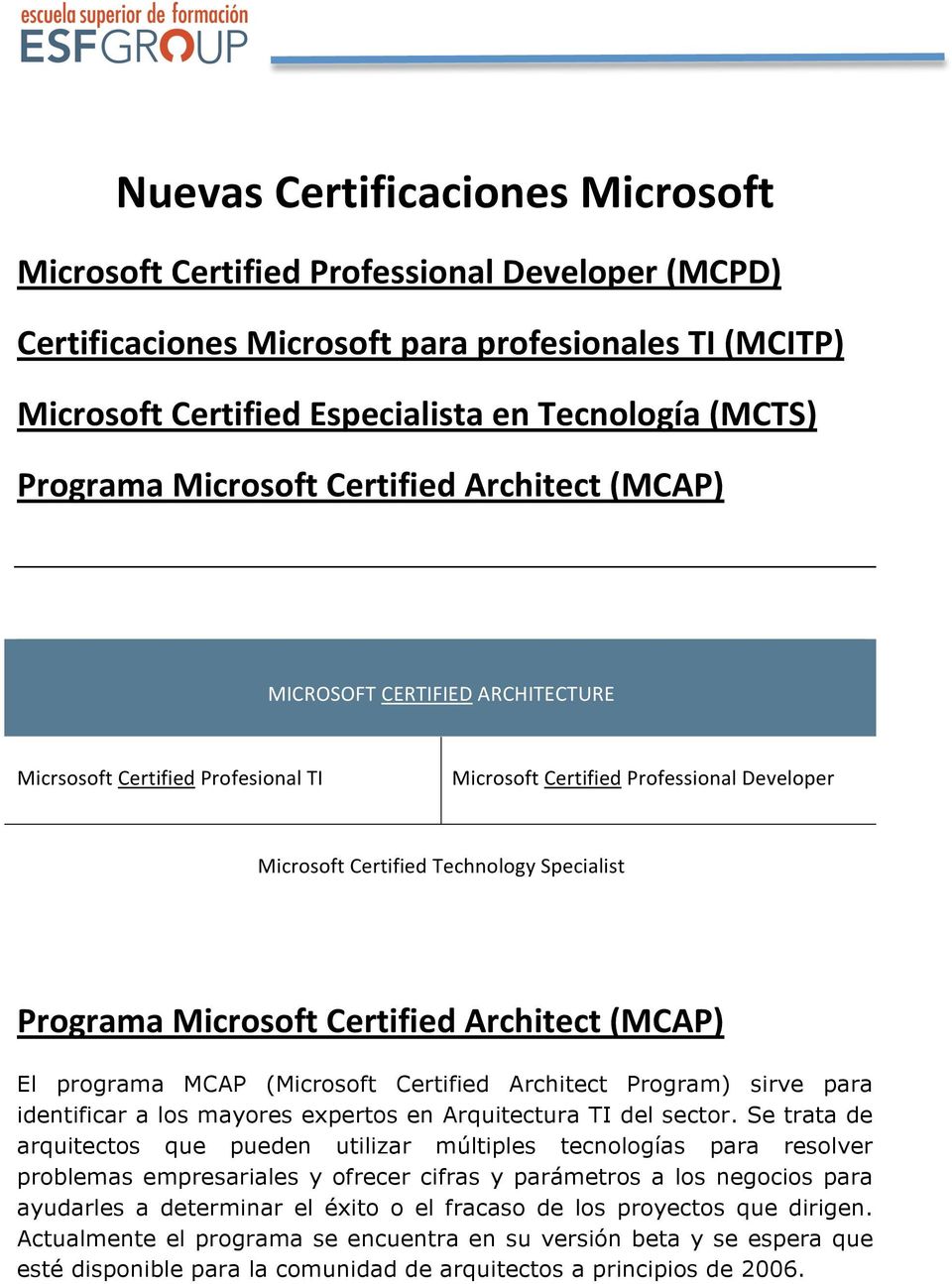 ProgramaMicrosoftCertifiedArchitect(MCAP) El programa MCAP (Microsoft Certified Architect Program) sirve para identificar a los maores expertos en Arquitectura TI del sector.