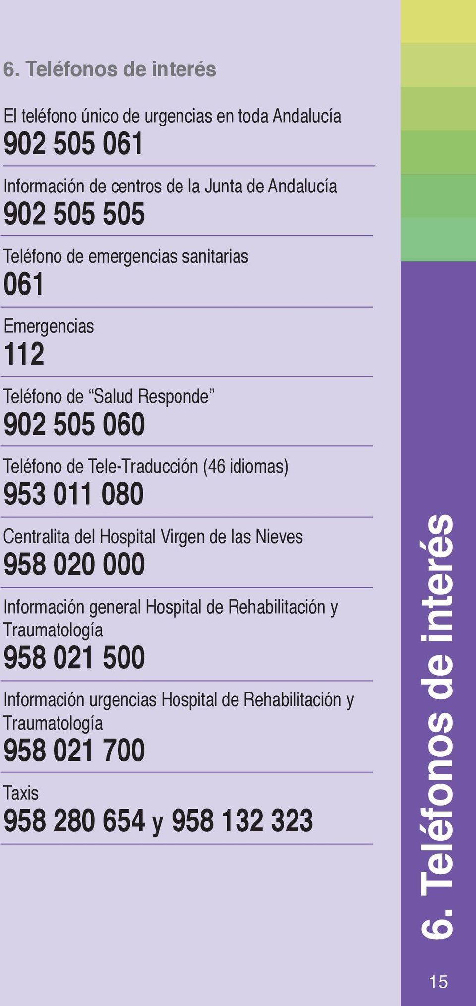 idiomas) 953 011 080 Centralita del Hospital Virgen de las Nieves 958 020 000 Información general Hospital de Rehabilitación y