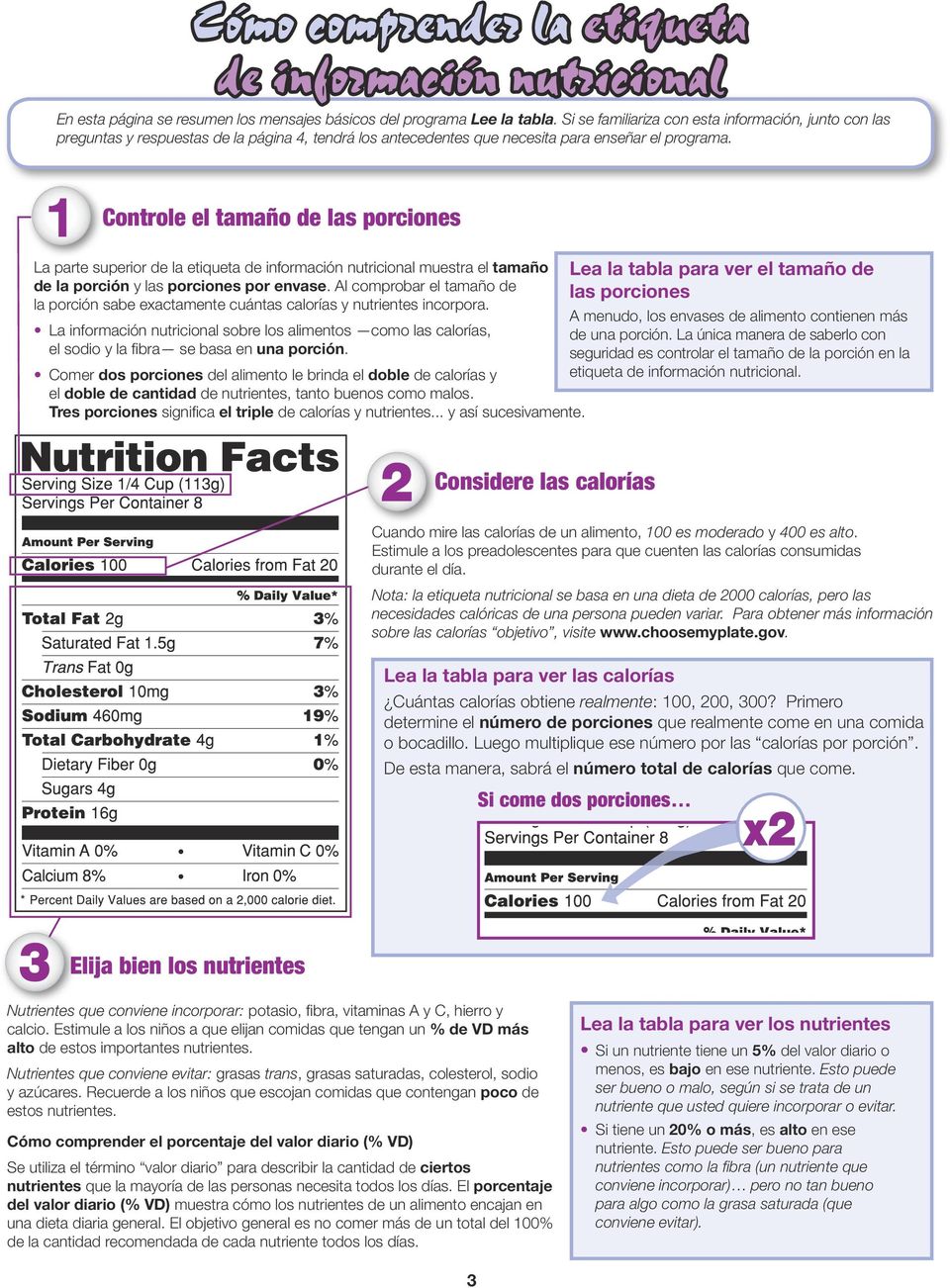 1 Cómo comprender la etiqueta de información nutricional Controle el tamaño de las porciones La parte superior de la etiqueta de información nutricional muestra el tamaño de la porción y las