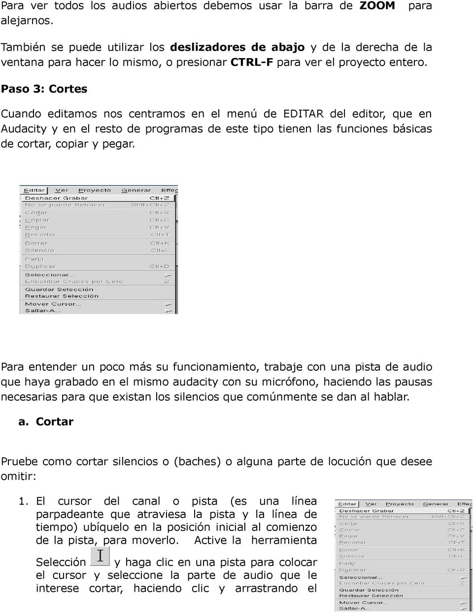 Paso 3: Cortes Cuando editamos nos centramos en el menú de EDITAR del editor, que en Audacity y en el resto de programas de este tipo tienen las funciones básicas de cortar, copiar y pegar.