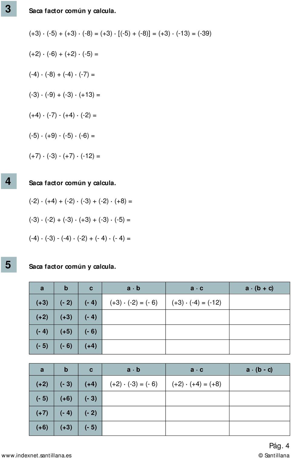 (-5) (-6) (+7) (-3) - (+7) (-12) 4 Saca factor común y calcula.