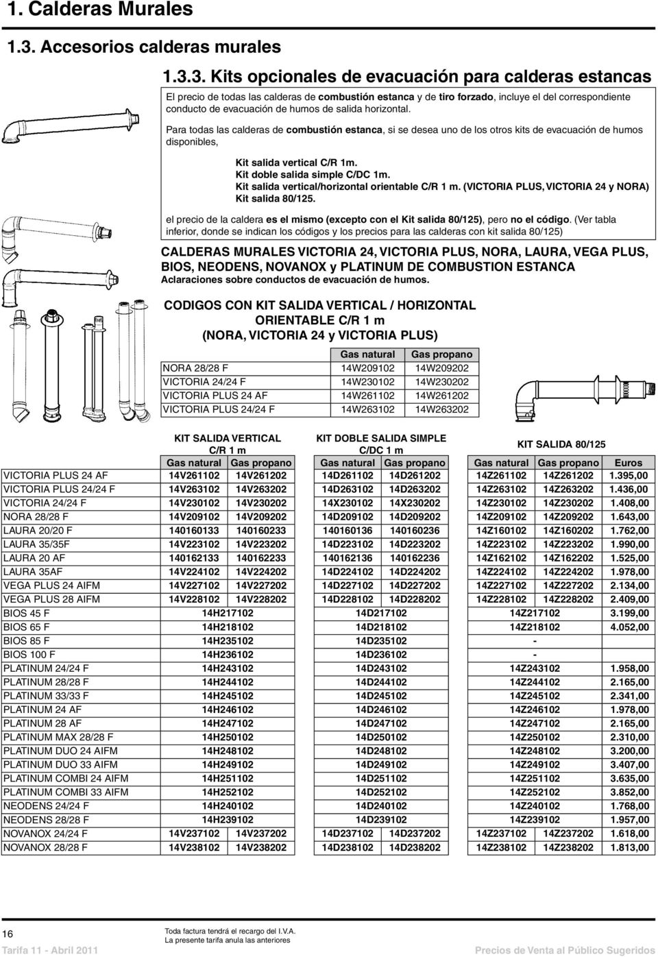 Kit doble salida simple C/DC 1m. Kit salida vertical/horizontal orientable C/R 1 m. (VICTORIA PLUS, VICTORIA 24 y NORA) Kit salida 80/125.