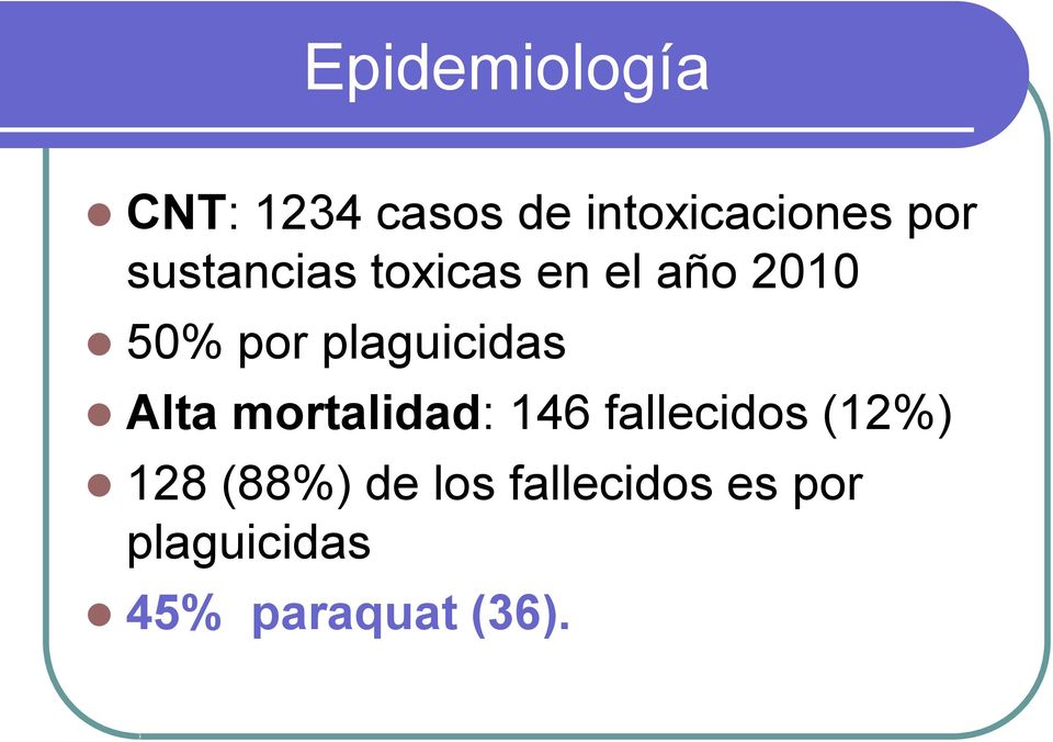 plaguicidas Alta mortalidad: 146 fallecidos (12%)