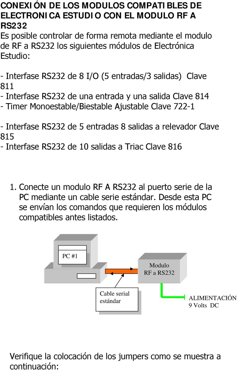 entradas 8 salidas a relevador Clave 815 - Interfase RS232 de 10 salidas a Triac Clave 816 1. Conecte un modulo RF A RS232 al puerto serie de la PC mediante un cable serie estándar.