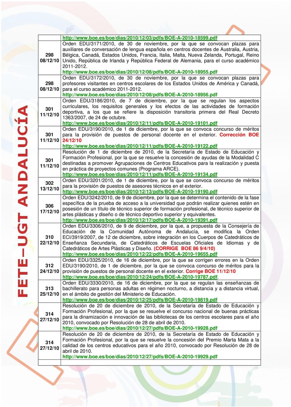 pdf Orden EDU/3171/2010, de 30 de noviembre, por la que se convocan plazas para auxiliares de conversación de lengua española en centros docentes de Australia, Austria, Bélgica, Canadá, Estados