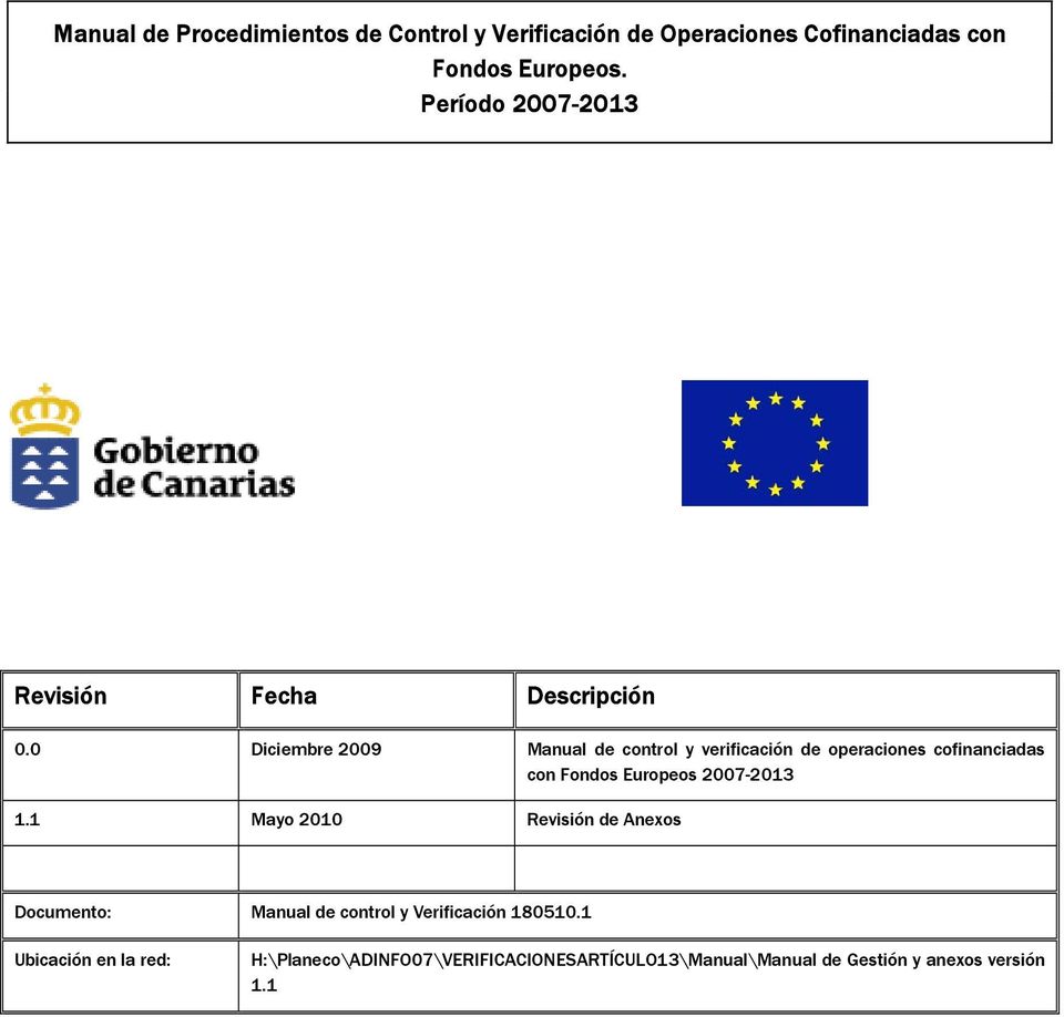 0 Diciembre 2009 Manual de control y verificación de operaciones cofinanciadas con Fondos Europeos 2007-2013 1.