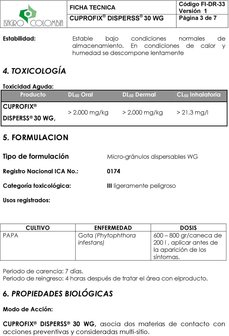 FORMULACION Tipo de formulación Micro-gránulos dispersables WG Registro Nacional ICA No.