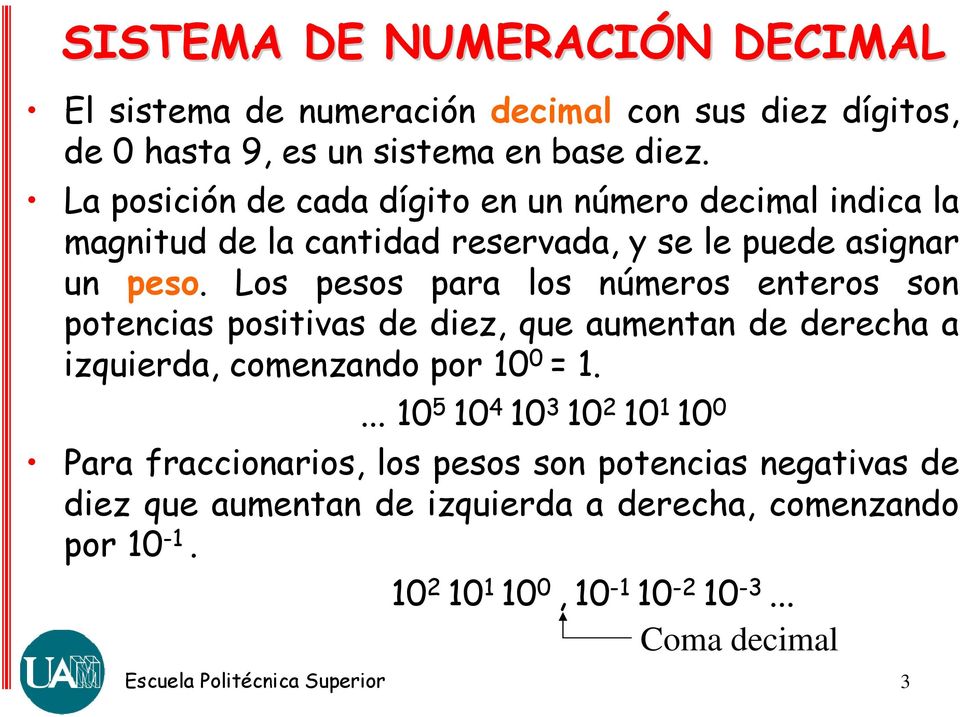 Los pesos para los números enteros son potencias positivas de diez, que aumentan de derecha a izquierda, comenzando por 10 0 = 1.