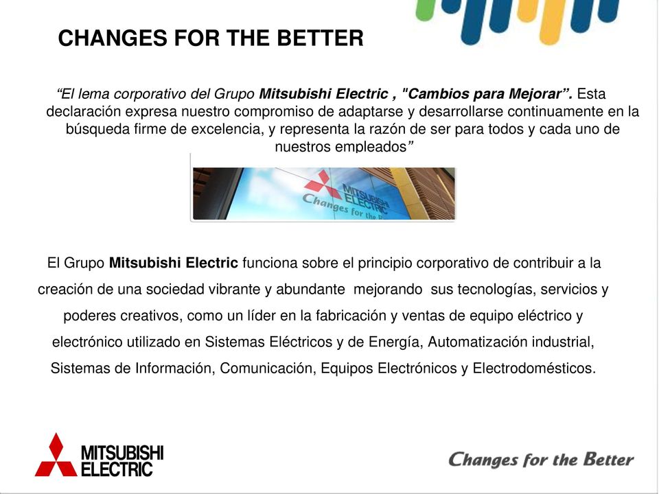 nuestros empleados El Grupo Mitsubishi Electric funciona sobre el principio corporativo de contribuir a la creación de una sociedad vibrante y abundante mejorando sus