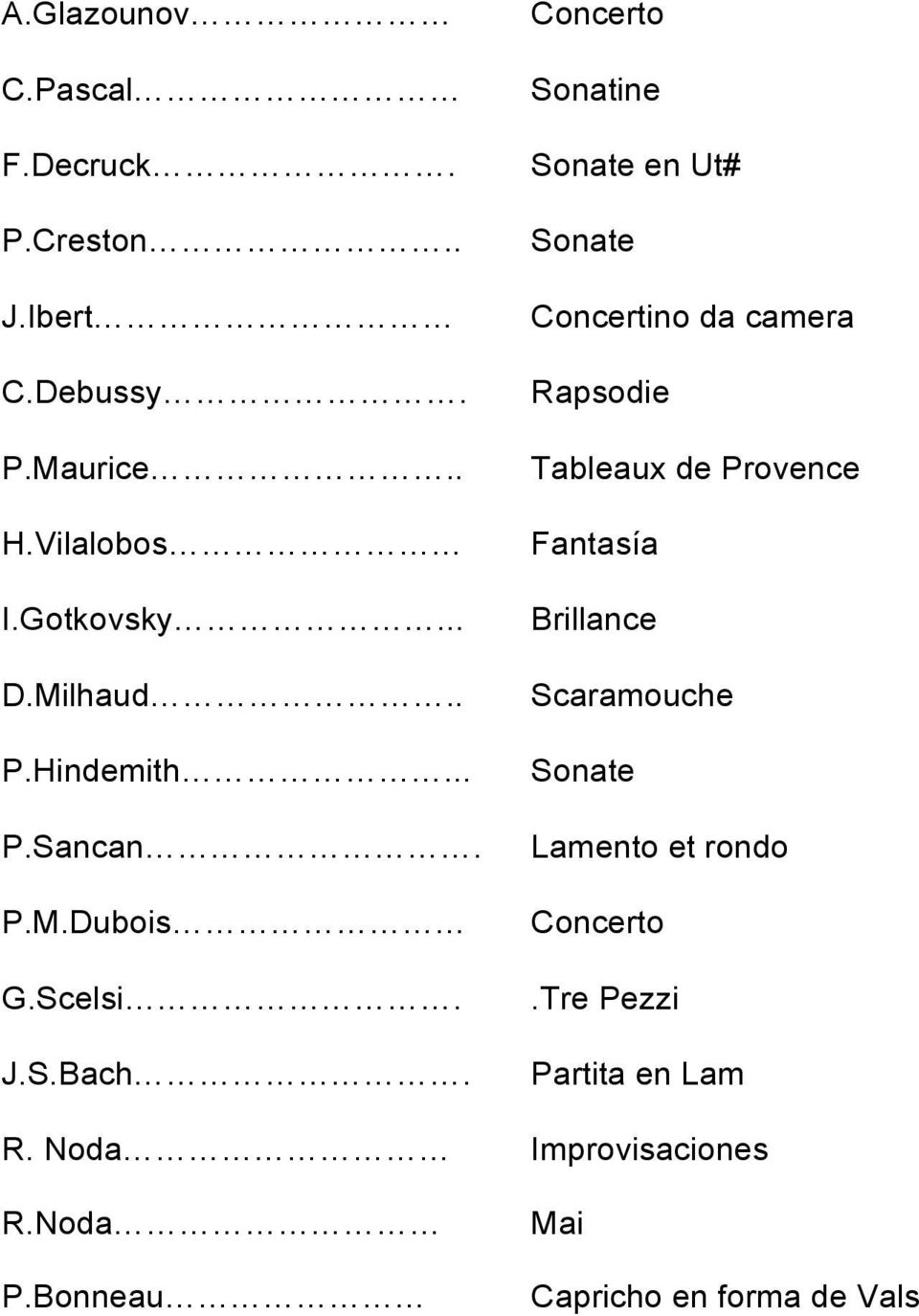 Concerto Sonatine Sonate en Ut# Sonate Concertino da camera Rapsodie Tableaux de Provence Fantasía