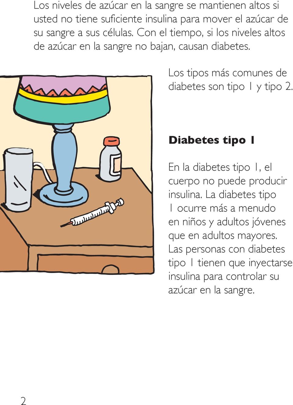 Los tipos más comunes de diabetes son tipo 1 y tipo 2. Diabetes tipo 1 En la diabetes tipo 1, el cuerpo no puede producir insulina.