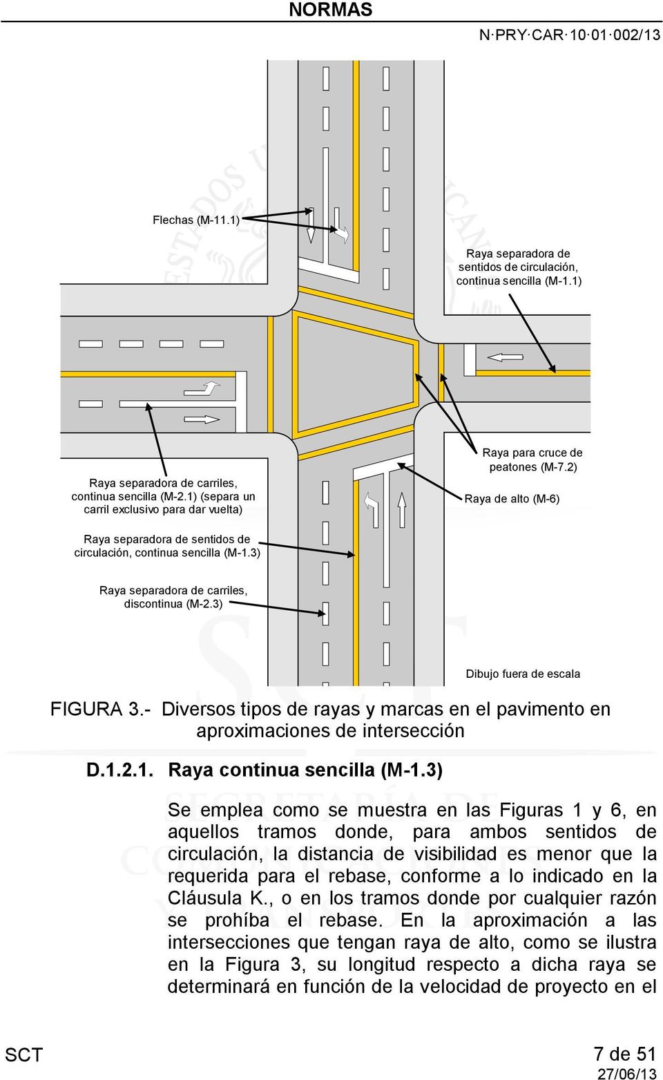 3) Raya separadora de carriles, discontinua (M-2.3) FIGURA 3.- Diversos tipos de rayas y marcas en el pavimento en aproximaciones de intersección D.1.2.1. Raya continua sencilla (M-1.