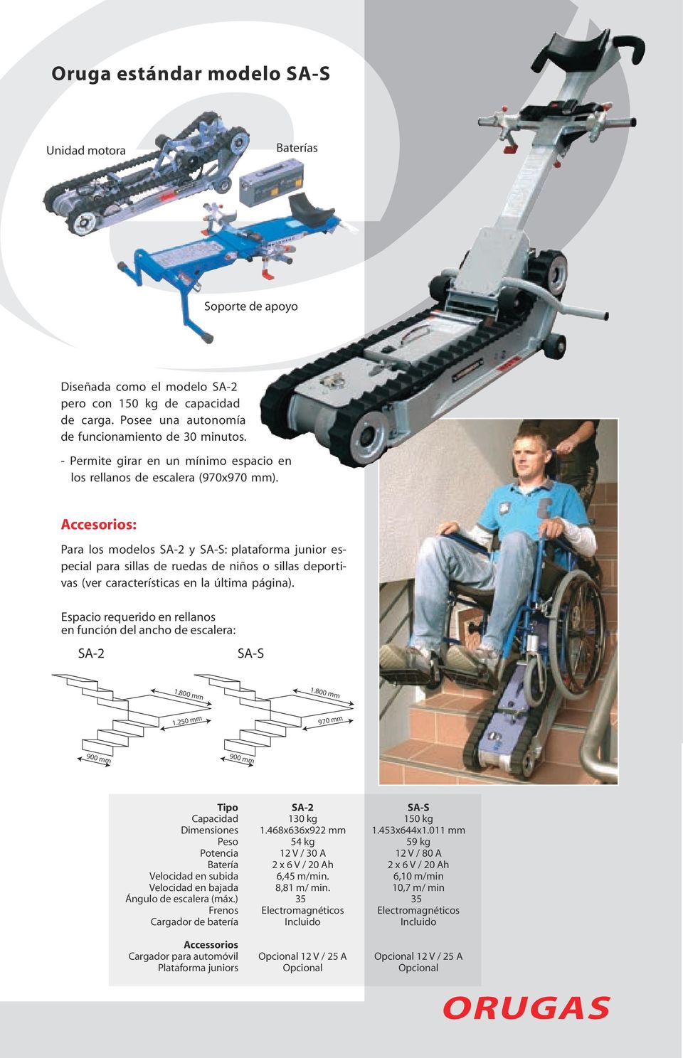 Accesorios: Para los modelos SA-2 y SA-S: plataforma junior especial para sillas de ruedas de niños o sillas deportivas (ver características en la última página).