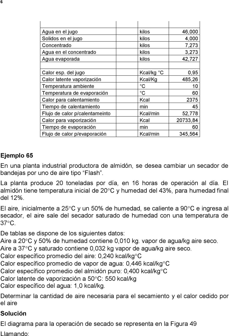calor p/calentameinto Kcal/min 52,778 Calor para vaporización Kcal 20733,84 Tiempo de evaporación min 60 Flujo de calor p/evaporación Kcal/min 345,564 Ejemplo 65 En una planta industrial productora
