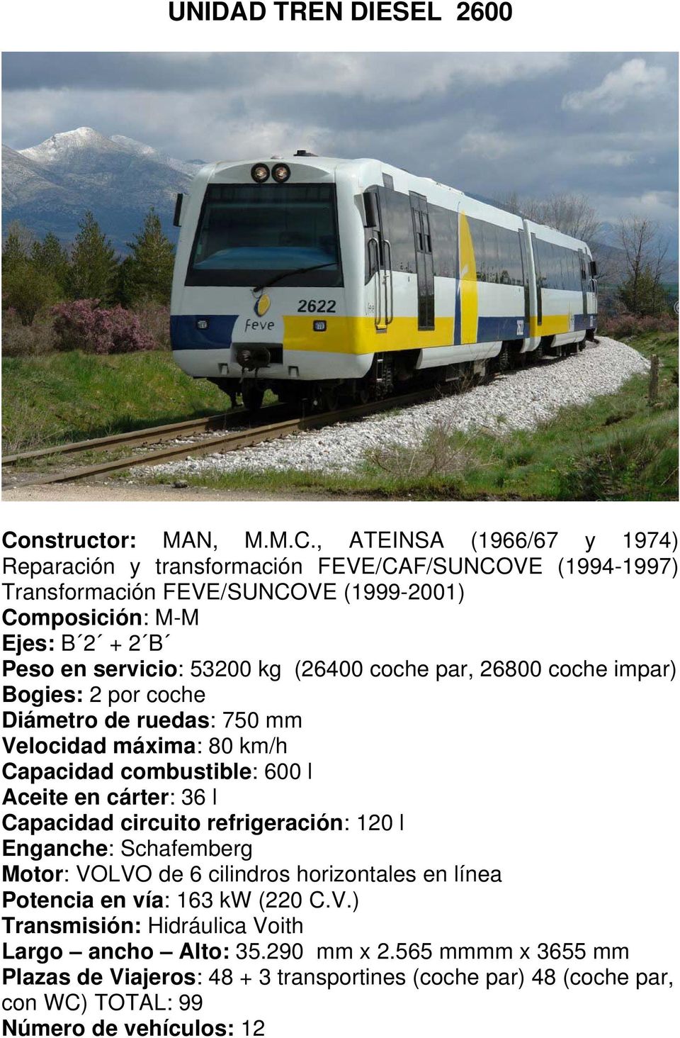 , ATEINSA (1966/67 y 1974) Reparación y transformación FEVE/CAF/SUNCOVE (1994-1997) Transformación FEVE/SUNCOVE (1999-2001) Composición: M-M Ejes: B 2 + 2 B Peso en servicio: 53200