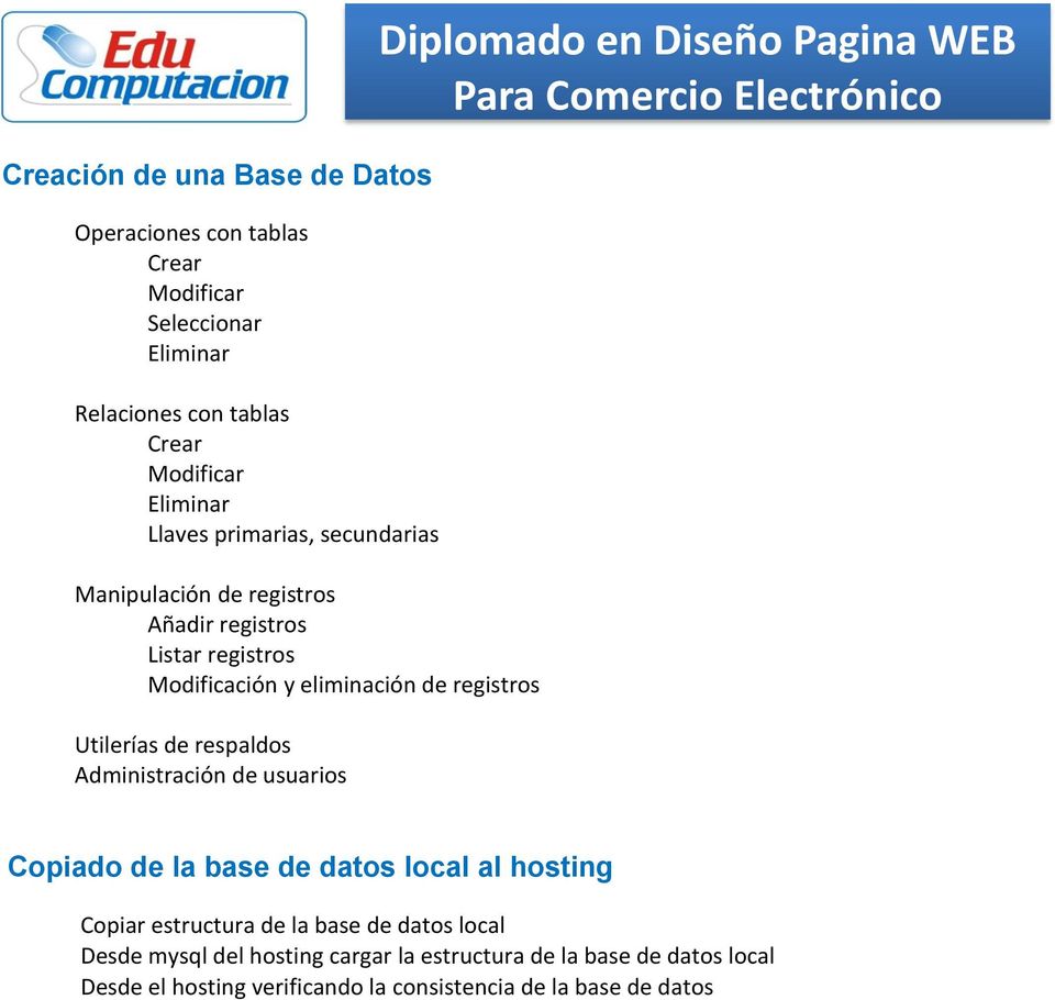 respaldos Administración de usuarios Diplomado en Diseño Pagina WEB Copiado de la base de datos local al hosting Copiar estructura de la base