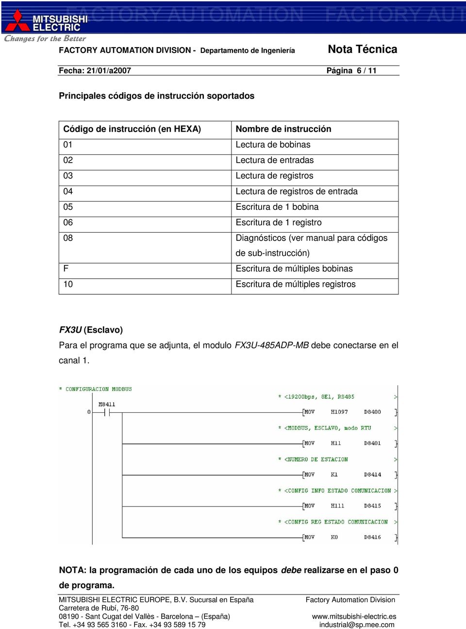 Diagnósticos (ver manual para códigos de sub-instrucción) F Escritura de múltiples bobinas 10 Escritura de múltiples registros FX3U (Esclavo) Para el