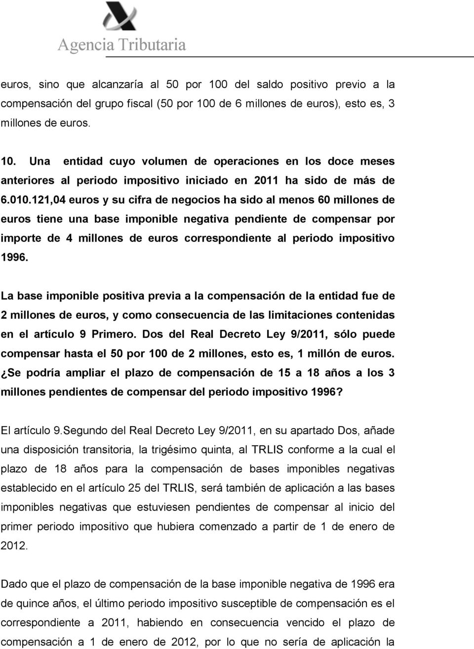 impositivo 1996. La base imponible positiva previa a la compensación de la entidad fue de 2 millones de euros, y como consecuencia de las limitaciones contenidas en el artículo 9 Primero.