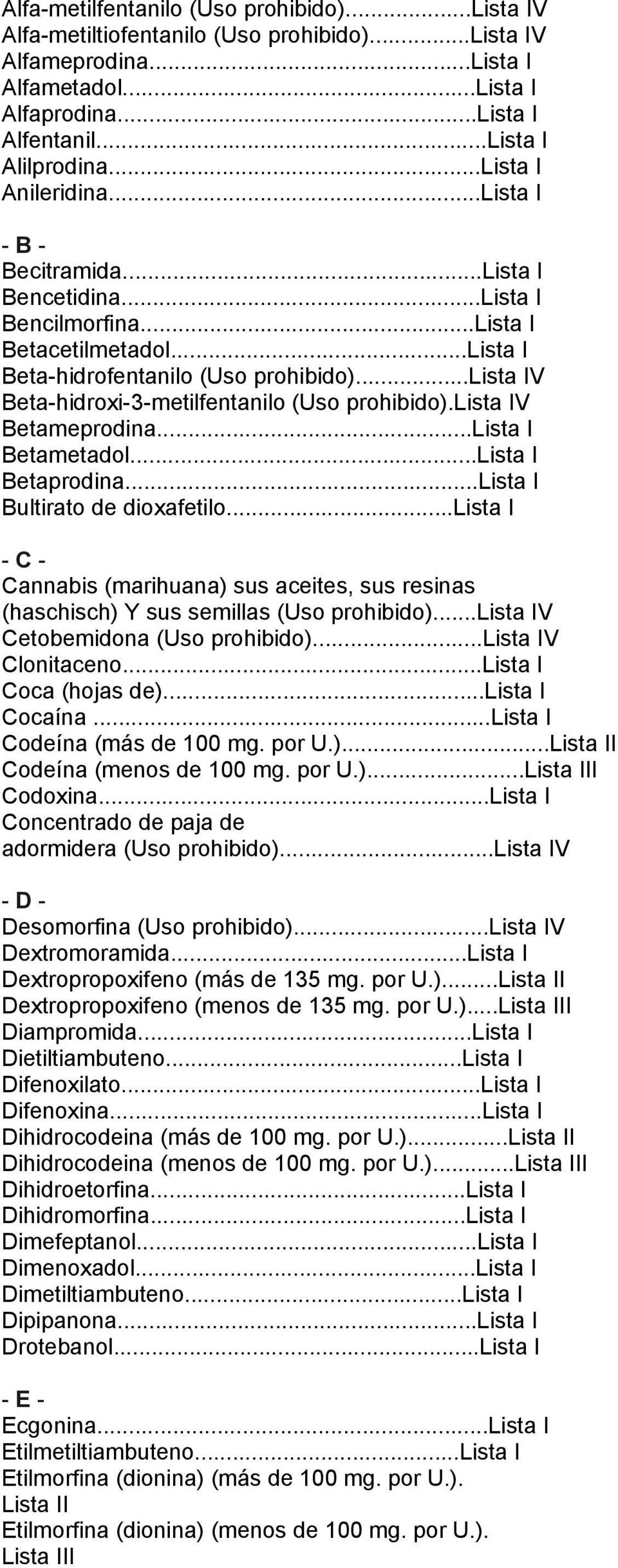 ..lista IV Beta-hidroxi-3-metilfentanilo (Uso prohibido).lista IV Betameprodina...Lista I Betametadol...Lista I Betaprodina...Lista I Bultirato de dioxafetilo.
