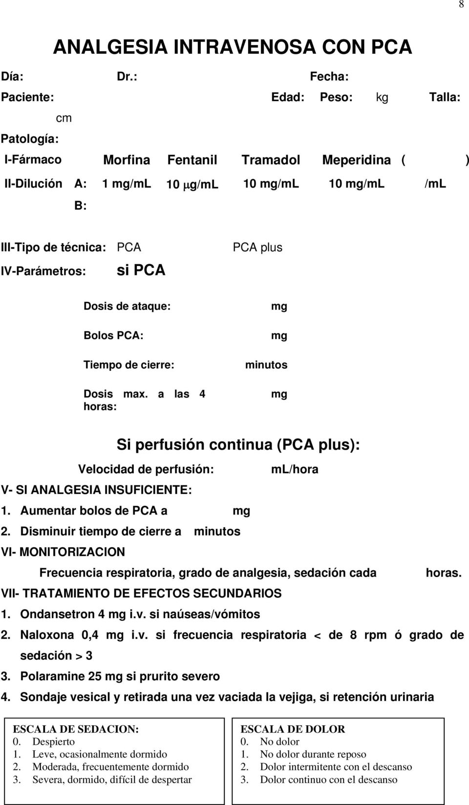 IV-Parámetros: si PCA PCA plus Dosis de ataque: Bolos PCA: Tiempo de cierre: Dosis max.