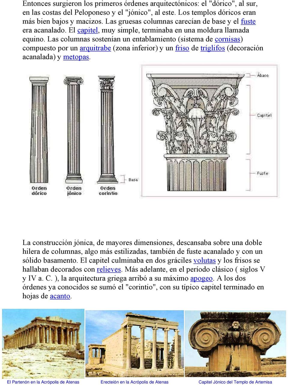 Las columnas sostenían un entablamiento (sistema de cornisas) compuesto por un arquitrabe (zona inferior) y un friso de tríglifos (decoración acanalada) y metopas.