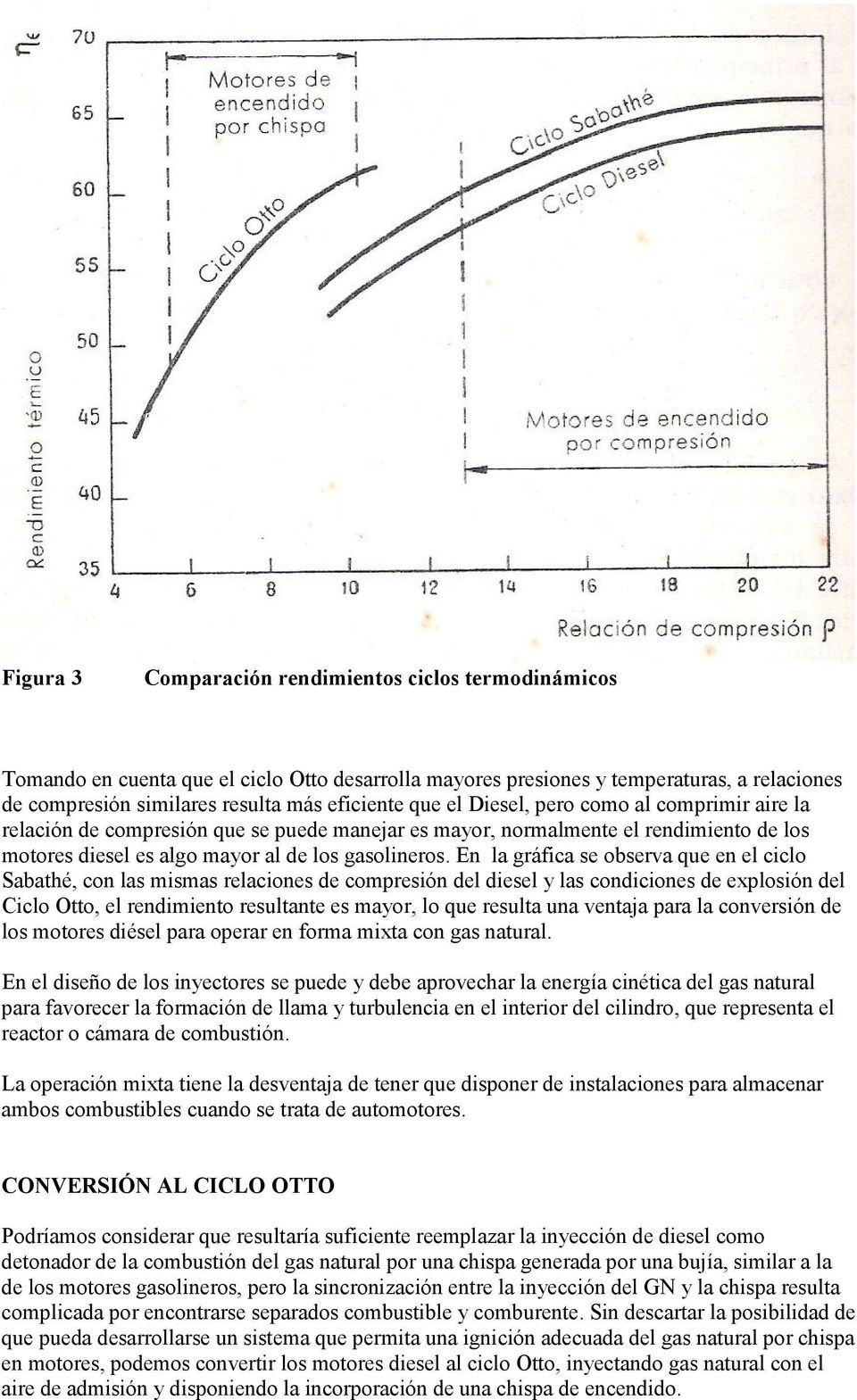 En la gráfica se observa que en el ciclo Sabathé, con las mismas relaciones de compresión del diesel y las condiciones de explosión del Ciclo Otto, el rendimiento resultante es mayor, lo que resulta
