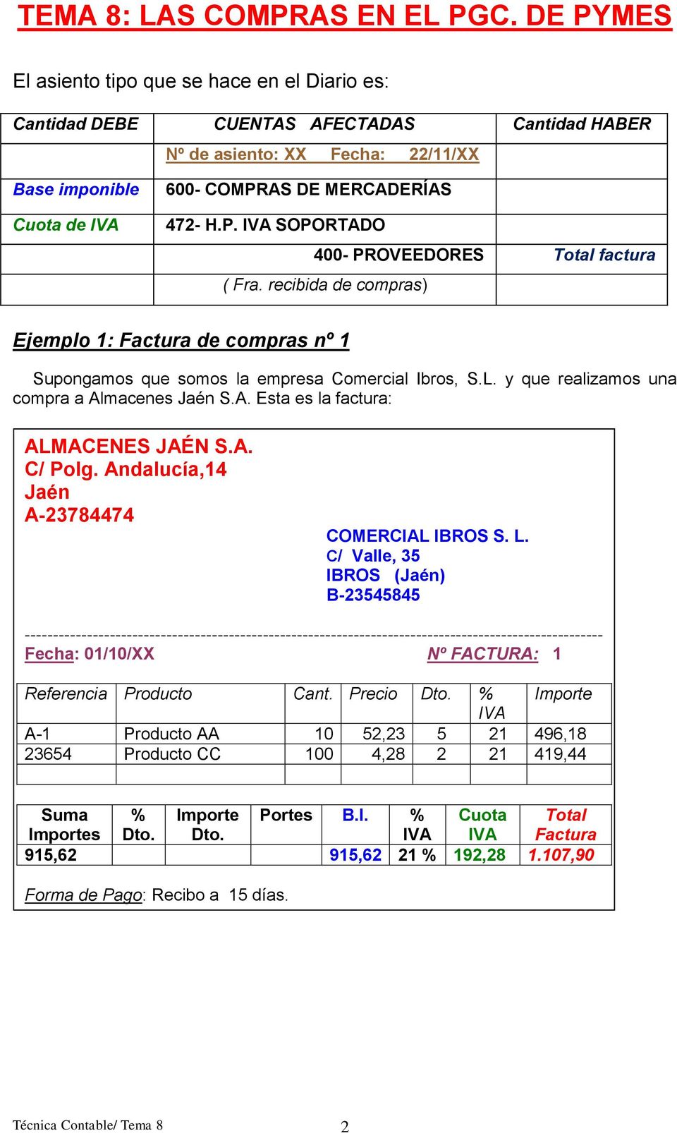 A. C/ Polg. Andalucía,14 Jaén A-23784474 COMERCIAL IBROS S. L. C/ Valle, 35 IBROS (Jaén) B-23545845 Fecha: 01/10/XX Nº FACTURA: 1 Referencia Producto Cant.
