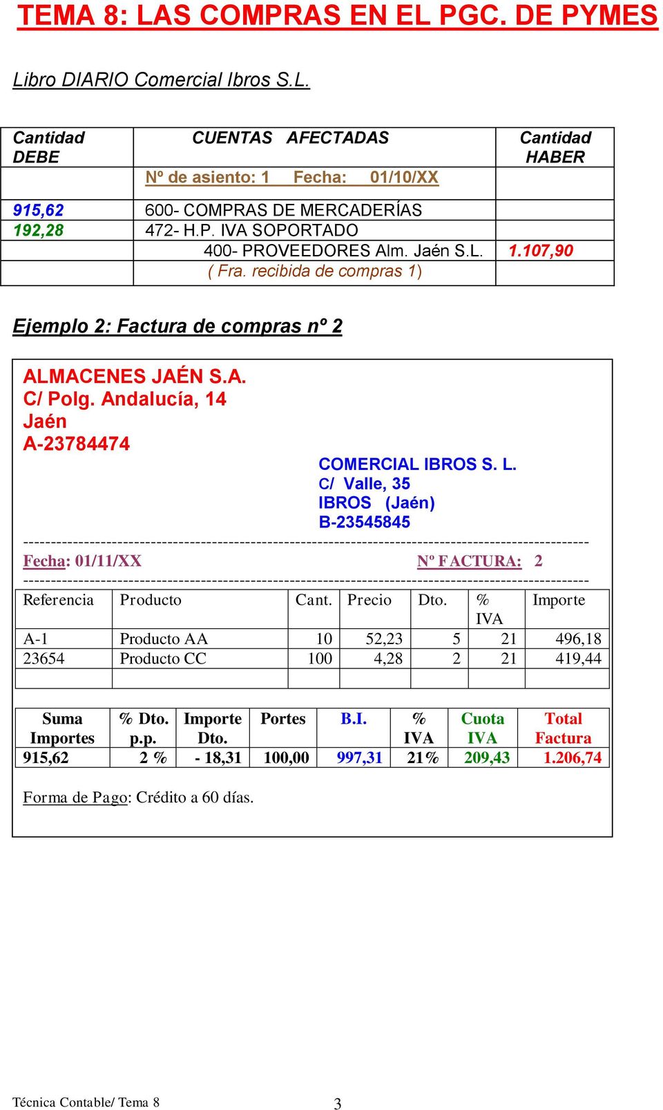 C/ Valle, 35 IBROS (Jaén) B-23545845 Fecha: 01/11/XX Nº FACTURA: 2 Referencia Producto Cant.