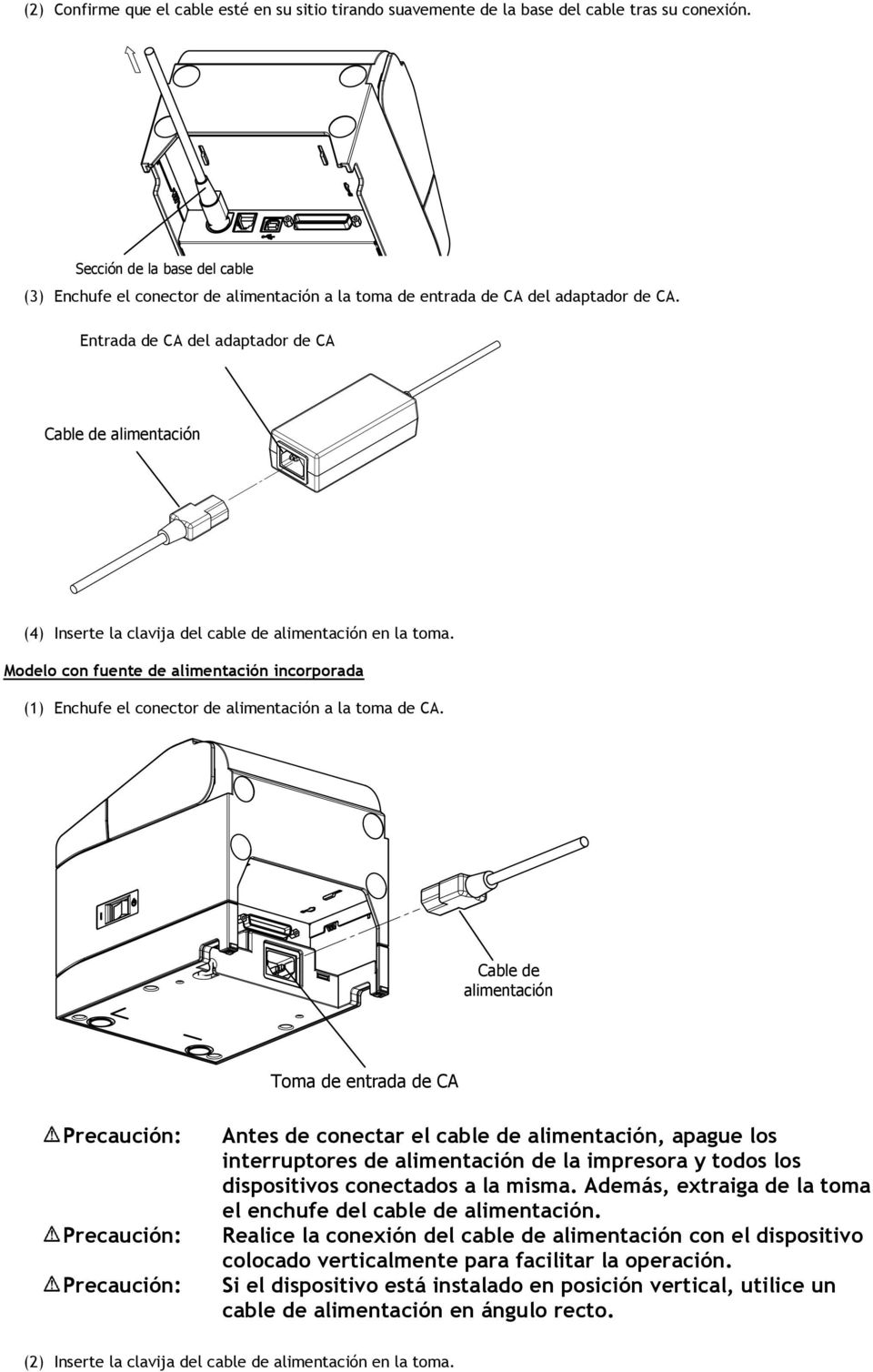Entrada de CA del adaptador de CA Cable de alimentación (4) Inserte la clavija del cable de alimentación en la toma.