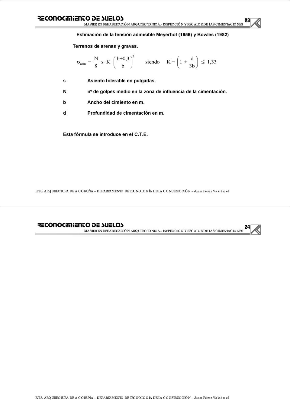 b Ancho del cimiento en m. d Profundidad de cimentación en m. Esta fórmula se introduce en el C.T.
