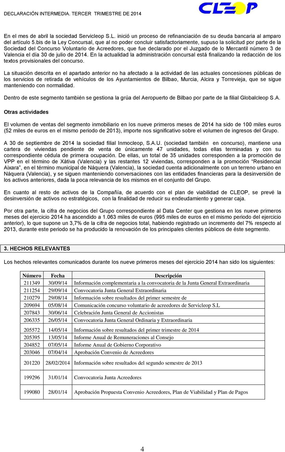 Mercantil número 3 de Valencia el día 30 de julio de 2014. En la actualidad la administración concursal está finalizando la redacción de los textos provisionales del concurso.