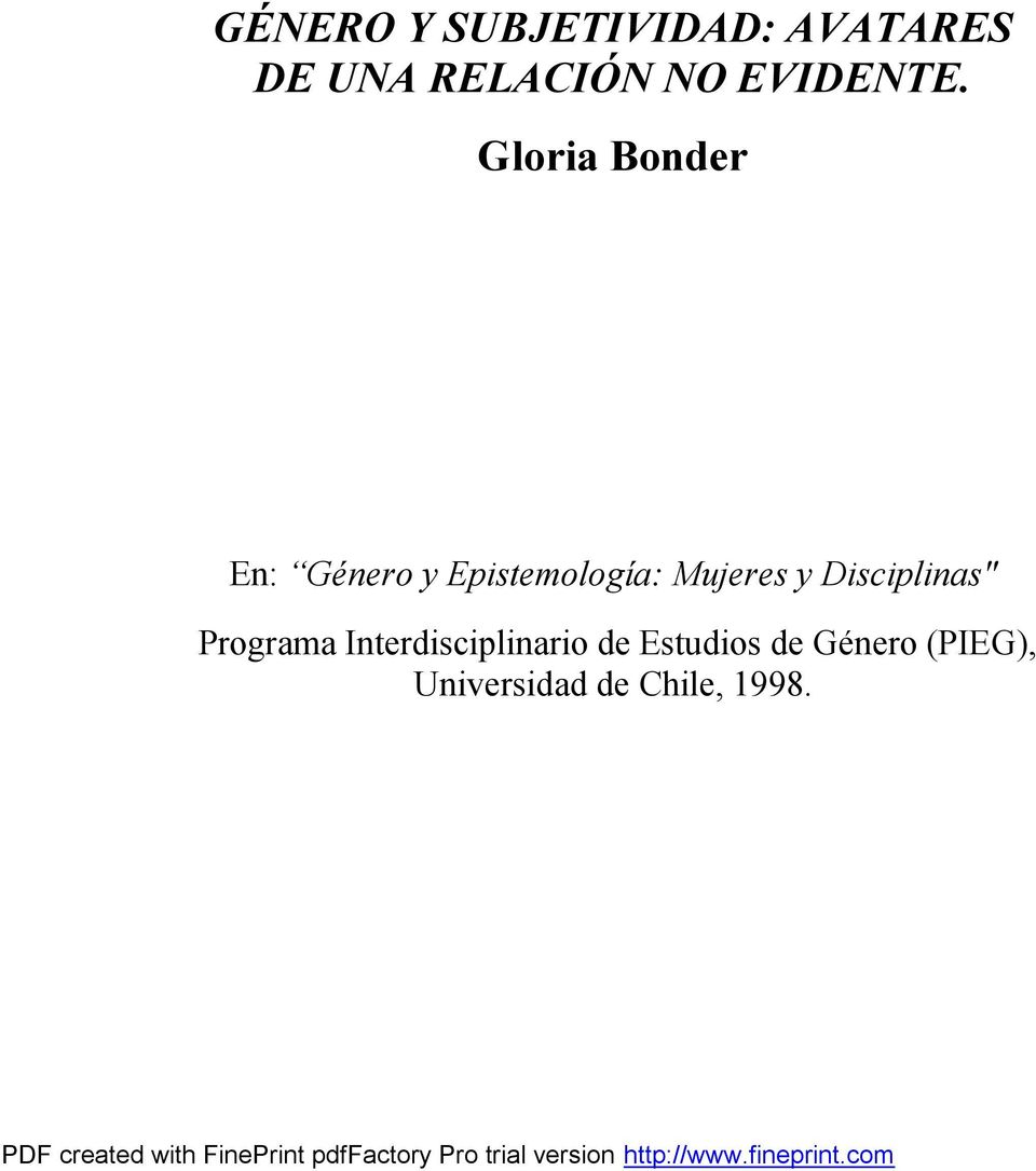 Gloria Bonder En: Género y Epistemología: Mujeres y