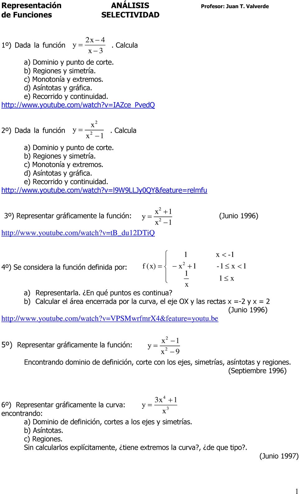 com/watch?v=l9w9lljy0qy&feature=relmfu 1 º) Representar gráficamente la función: y (Junio 1996) 1 http://www.youtube.com/watch?v=tb_du1dtiq 1-1 4º) Se considera la función definida por: f ( ) 1-1 1 1 1 a) Representarla.