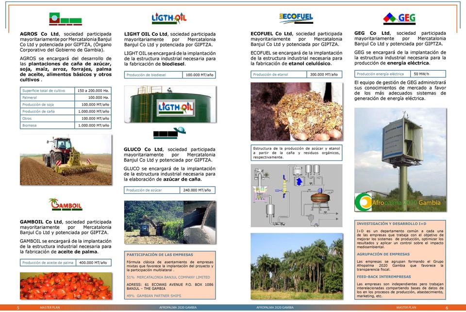 Superficie total de cultivo Palmeral Producción de soja 150 a 200.000 Ha. 100.000 Ha. 100.000 MT/año LIGHT OIL Co Ltd, sociedad participada mayoritariamente por Mercatalonia Banjul Co Ltd y potenciada por GIPTZA.