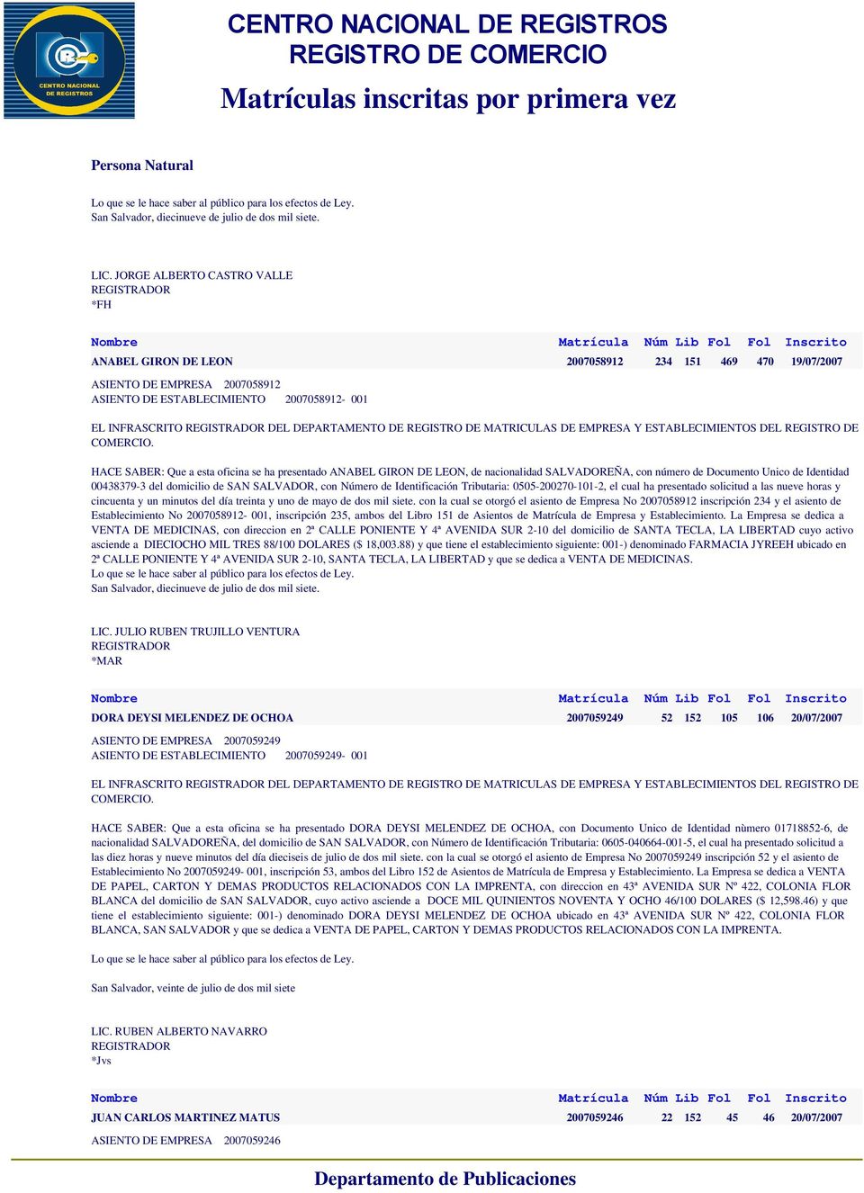 GIRON DE LEON, de nacionalidad SALVADOREÑA, con número de Documento Unico de Identidad 00438379-3 del domicilio de SAN SALVADOR, con Número de Identificación Tributaria: 0505-200270-101-2, el cual ha