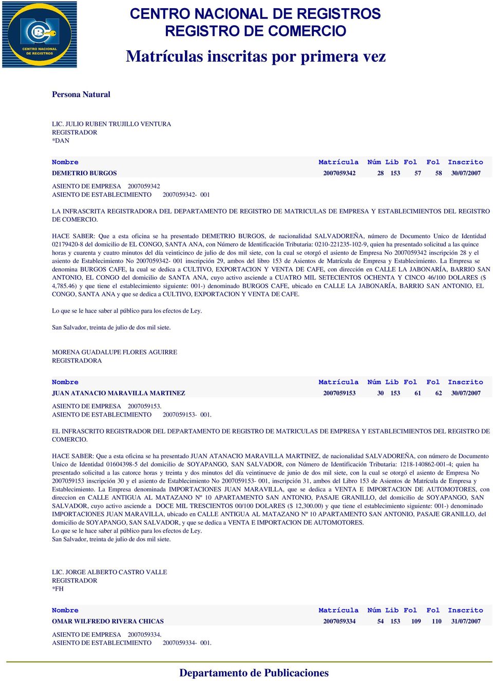 Documento Unico de Identidad 02179420-8 del domicilio de EL CONGO, SANTA ANA, con Número de Identificación Tributaria: 0210-221235-102-9, quien ha presentado solicitud a las quince horas y cuarenta y