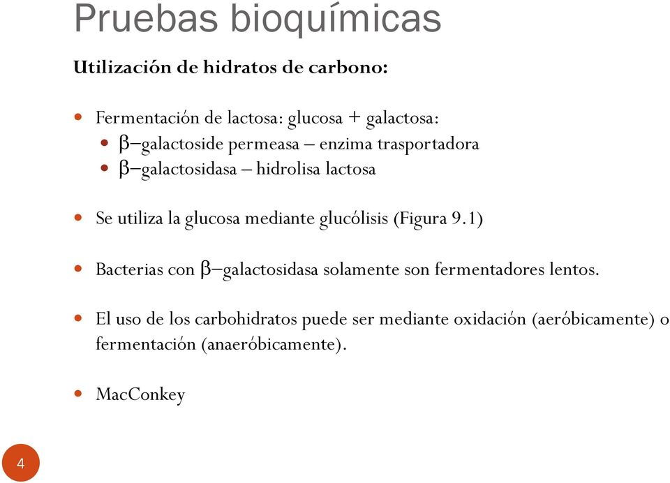 glucólisis (Figura 9.1) Bacterias con galactosidasa solamente son fermentadores lentos.