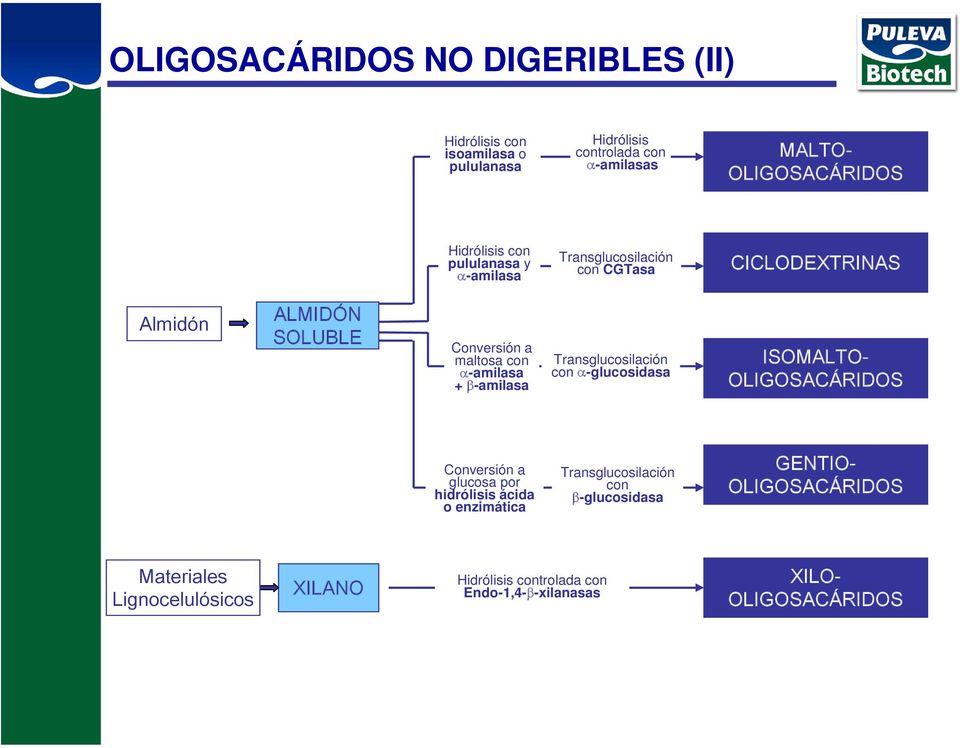 + β-amilasa Transglucosilación con α-glucosidasa ISOMALTO- OLIGOSACÁRIDOS Conversión a glucosa por hidrólisis ácida o enzimática
