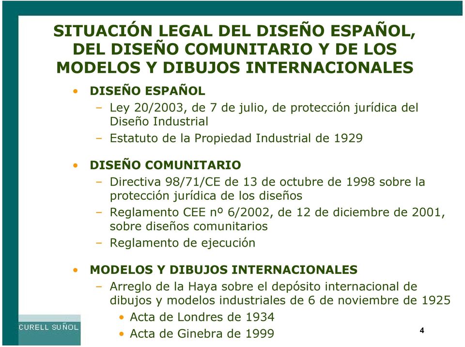jurídica de los diseños Reglamento CEE nº 6/2002, de 12 de diciembre de 2001, sobre diseños comunitarios Reglamento de ejecución MODELOS Y DIBUJOS