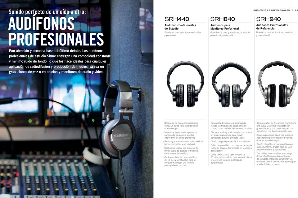 sea en grabaciones de voz o en edición y monitoreo de audio y video. SRH440 SRH840 SRH940 Audífonos Profesionales de Estudio Diseñados para estudios profesionales y personales.