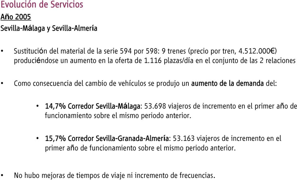 116 plazas/día en el conjunto de las 2 relaciones Como consecuencia del cambio de vehículos se produjo un aumento de la demanda del: 14,7% Corredor Sevilla-Málaga: