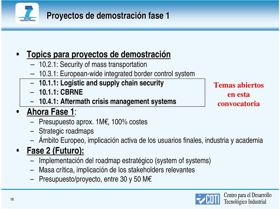 1: Aftermath crisis management systems Ahora Fase 1: 1 Presupuesto aprox.