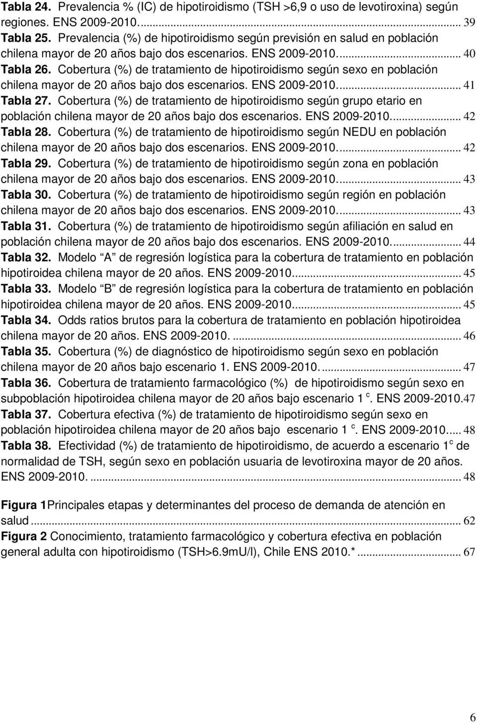 Cobertura (%) de tratamiento de hipotiroidismo según sexo en población chilena mayor de 20 años bajo dos escenarios. ENS 2009-2010.... 41 Tabla 27.