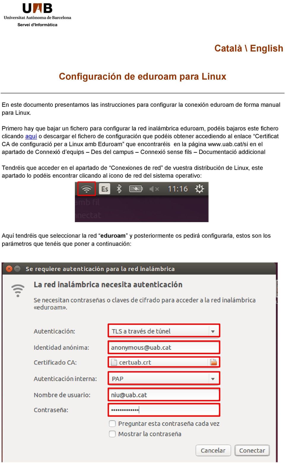 Certificat CA de configuració per a Linux amb Eduroam que encontraréis en la página www.uab.