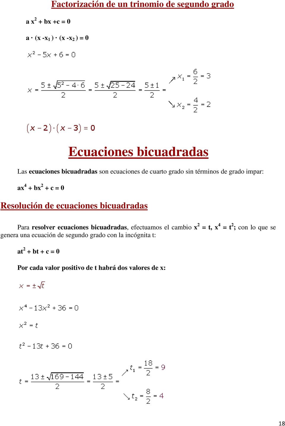 ecuaciones bicuadradas Para resolver ecuaciones bicuadradas, efectuamos el cambio x 2 = t, x 4 = t 2 ; con lo que se