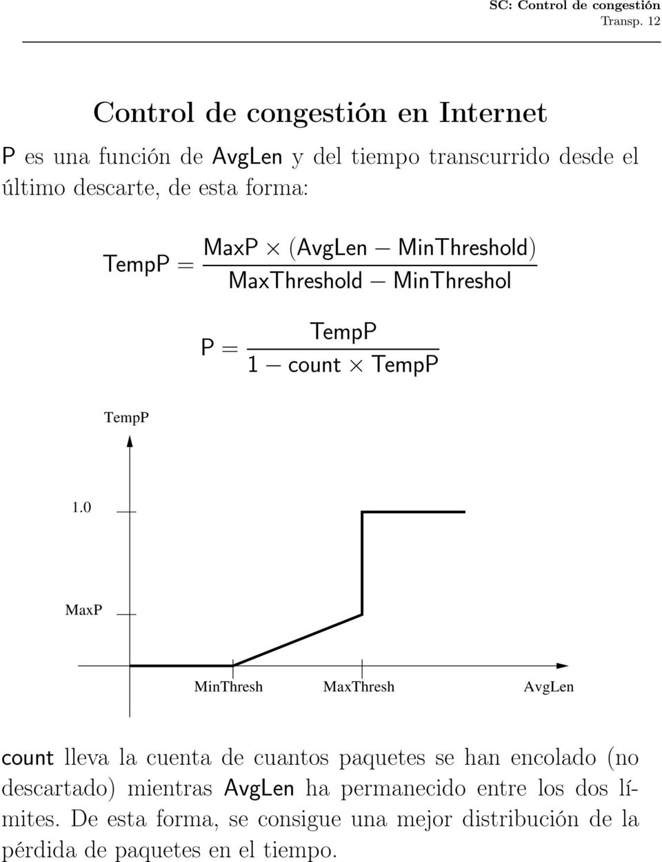 esta forma: TempP = MaxP (AvgLen MinThreshold) MaxThreshold MinThreshol P = TempP 1 count TempP TempP 1.